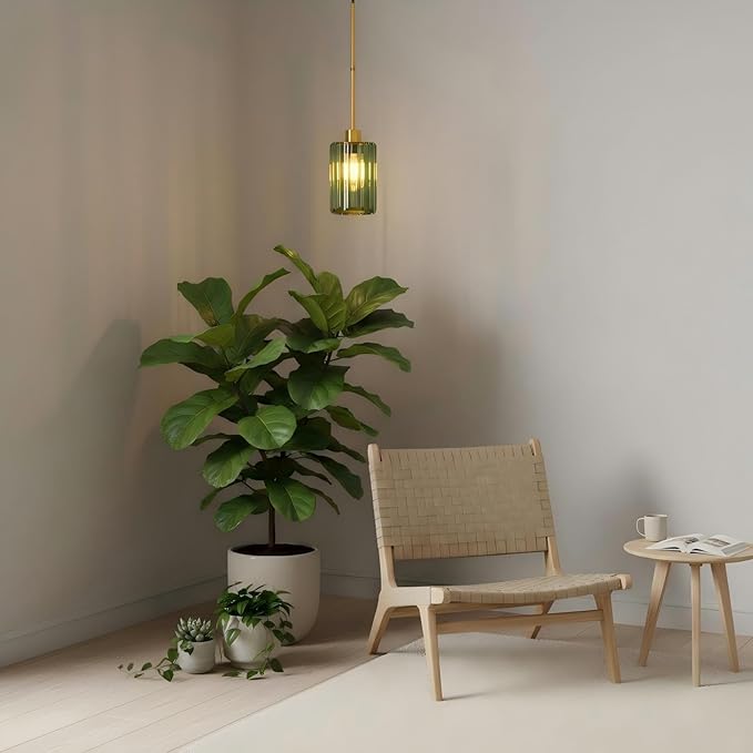 Modern Olive Green Fluted Glass Pendant Light 1 Pack - Thick Ribbed Glass with Warm Glow, Adjustable E26 Hanging Lamp for Kitchen Island & Dining Room
