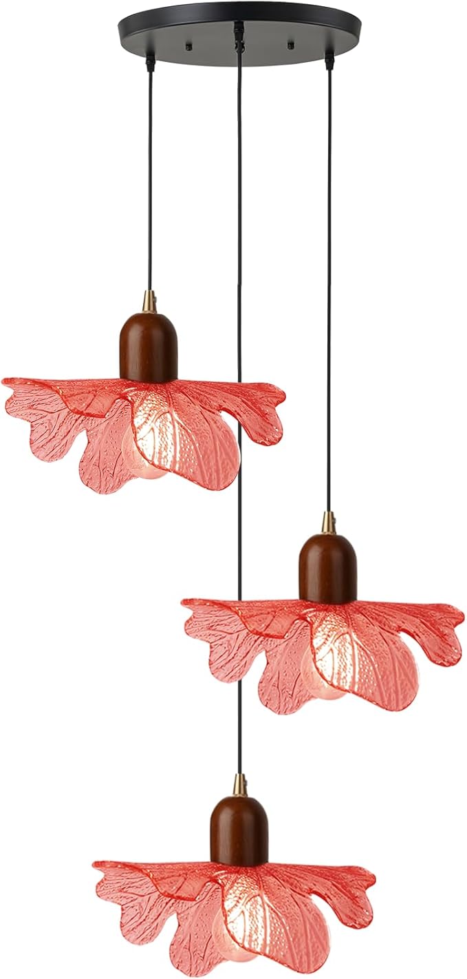 3 Light Red Glass Pendant Light Mid Century Modern Chandelier Adjustable Hanging Ceiling Light Fixture E26 Base for Bedroom Entryway Kitchen Island Dining Room
