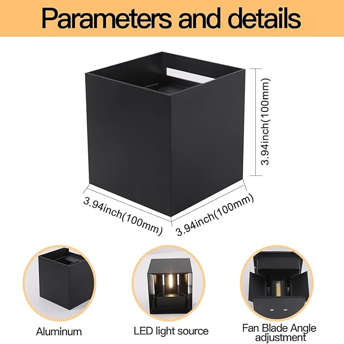 Mille Lucciole 12W 4Pack Outdoor Wall Lights Exterior/Interior,LED Black Outdoor Wall Sconces Light Fixtures Modern,IP65 Waterproof Square Aluminum Wall Lamps, Up and Down Lights 3000K Warm Lights