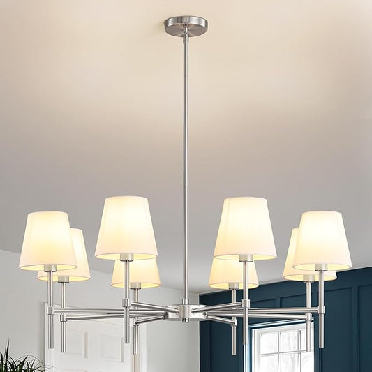 RUIYEY Dining Room Chandeliers Light - Modern Brushed Nickel Chandelier, 8-Light Metal Farmhouse Dining Room Light Fixture, E26 Hanging Pendent Lighting for Kitchen, Living Room, Foyer, Entrance