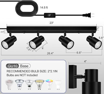 Plug in Track Lighting, 23" LED Track Lighting Fixtures Ceiling, Black 4 Way Spotlight, Rotatable Track Head, Plug in Ceiling Light with Power Cord, Plug Wall Light for Kitchen Hallway(GU10, NO Bulb)