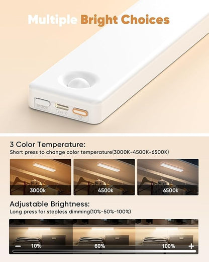 Under Cabinet Lighting, 3 Color Temperatures Motion Sensor Light Indoor 2 Pack, USB Rechargeable Battery Operated Closet Lights, Wireless Dimmable LED Cabinet Lights, Under Counter Light for Kitchen