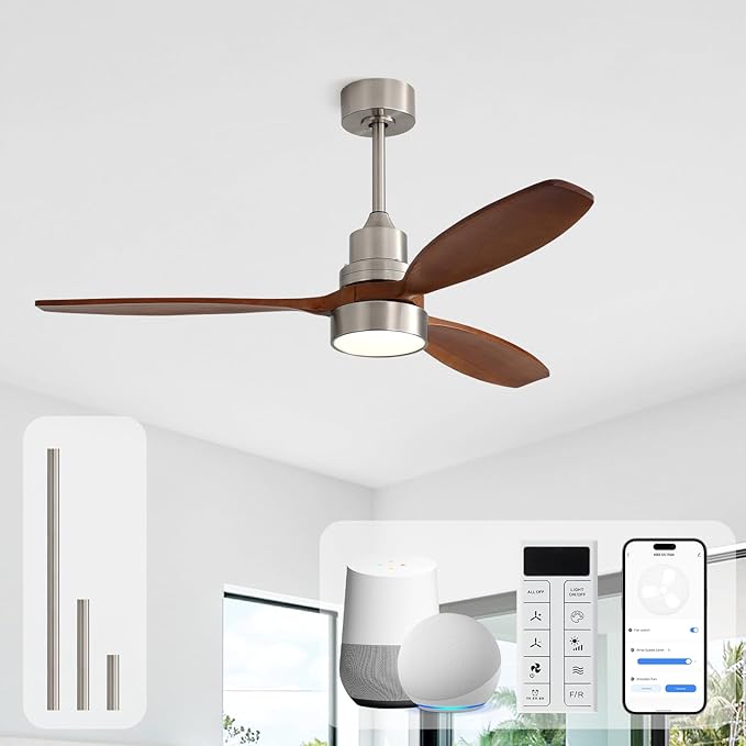 Sofucor 52 Inch Solid Wood Smart Ceiling Fans with Lights and Remote, Works with App/Alexa/Google, 6-Speed Outdoor Ceiling Fan with Light, 3 Blade Ceiling Fan, Quiet DC Motor for Living Room Patio