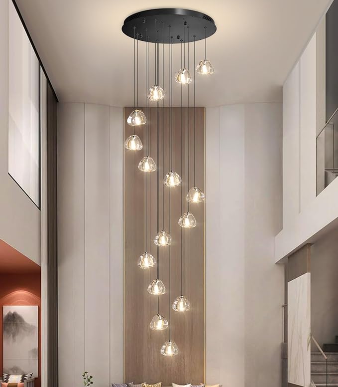 HAIXIANG LED Glam Chandelier 118 inches Long Light Luxury Crystal Ceiling Chandeliers Remote Dimmable High Ceiling Pendants Lighting Fixtures Black 15 Lights