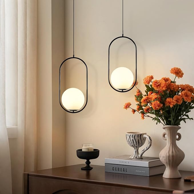 Modern Black Pendant Light, Bedside Matte Pendant Lights with White Glass Shade, Large Globe Ceiling Light for Kitchen Island Bedroom
