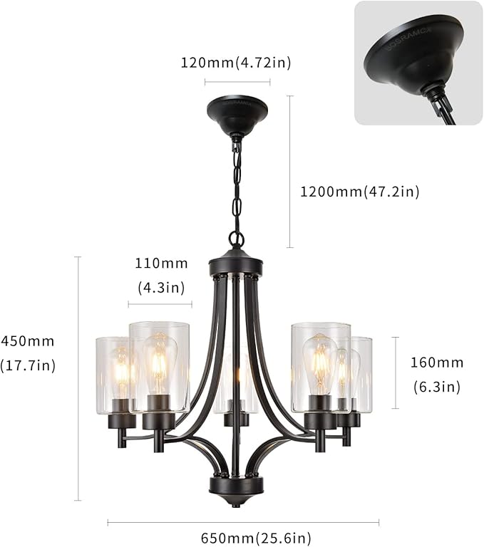 BOZO Contemporary Black Chandelier 5 Lights Farmhouse Dining Room Lighting Fixtures Hanging Bedroom Chandeliers with Clear Glass Shade Ceiling Pendant Light Black Foyer Light