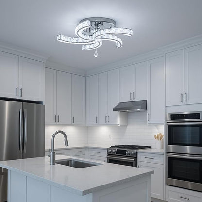 Finktonglan 19.7" Crystal Semi Flush Mount Ceiling Light, 5-Light LED Modern Chandelier, K9 Crystal & Acrylic, 25W, 6500K Cool White, Bedroom Living Room Dining Room Ceiling Lighting Fixture