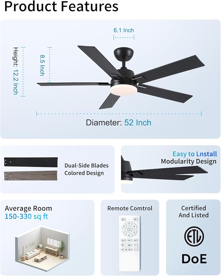 Rayqueen 52 Inch Ceiling Fans with Lights and Remote, 6 Speed Reversible DC Motor, 3CCT Dimmable LED, Black Modern Ceiling Fan for Bedroom, Living room & Covered Outdoor,Includes Downrod