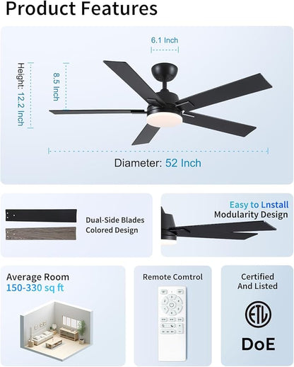 Rayqueen 52 Inch Ceiling Fans with Lights and Remote, 6 Speed Reversible DC Motor, 3CCT Dimmable LED, Black Modern Ceiling Fan for Bedroom, Living room & Covered Outdoor,Includes Downrod