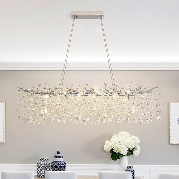 Modern Crystal Tree Branches Chandelier, 47.5in Silver 14 Lights Large Ceiling Hanging Light for Dining Room, Rectangle Raindrop Pendant Light Fixture