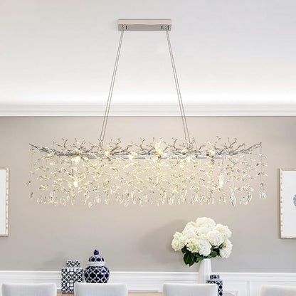 Modern Crystal Tree Branches Chandelier, 47.5in Silver 14 Lights Large Ceiling Hanging Light for Dining Room, Rectangle Raindrop Pendant Light Fixture