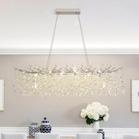 Modern Crystal Tree Branches Chandelier, 47.5in Silver 14 Lights Large Ceiling Hanging Light for Dining Room, Rectangle Raindrop Pendant Light Fixture