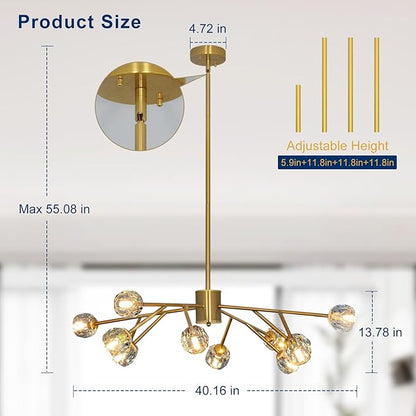 Depuley Chandelier Ceiling Light Fixture: 12-Light Modern Sputnik Chandelier for Dining Room - Height Adjustable Mid Century Gold Crystal Chandelier for Bedroom Living Room (Included G9 Bulbs)