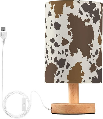 Table Lamp Cow Skin Brown Cowhide Pattern Nightstand Lamp with Wood Base Fabric Lamp Shade Bedside Desk Lamp for Living Room Bedroom Kids Room Office