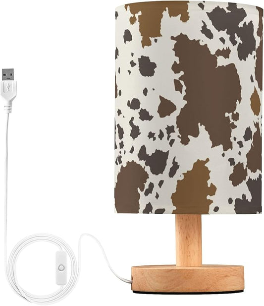 Table Lamp Cow Skin Brown Cowhide Pattern Nightstand Lamp with Wood Base Fabric Lamp Shade Bedside Desk Lamp for Living Room Bedroom Kids Room Office