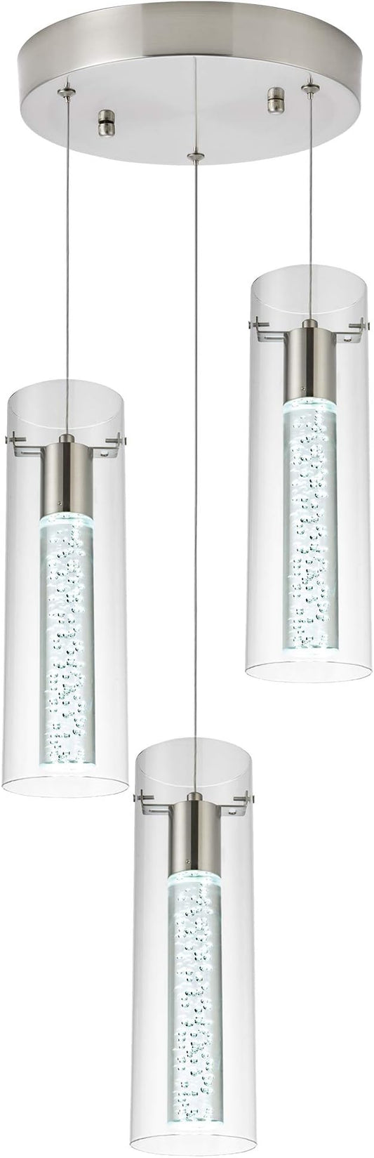 Kitchen Lighting Pendant Fixtures 3-Light LED Pendant Ceiling Fixture Brushed Nickel Bubble Cylinder Pendant Light with Adjustable Length for Kitchen Island Dinning Room Bedroom