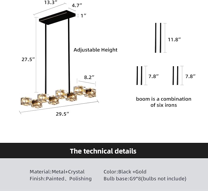 Modern Crystal Chandelier for Dining Room,Black and Gold Pendant Lights Fixture with 8-Lights,Adjustable Height Hanging Ceiling Light for Kitchen Island,Bedroom,Over Table,Living Room