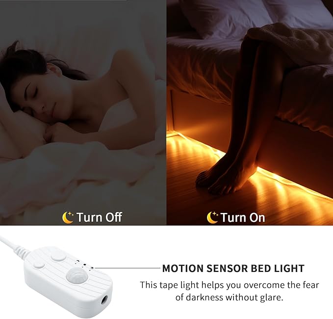 Motion Sensor LED Light Strip, Ultra Warm Yellow 2200K Strip Light USB Powered 16.4ft, Day/Night Modes & Dimming Brightness, Adhesive Tape 5V Free Cutting Rope Lights for Decor