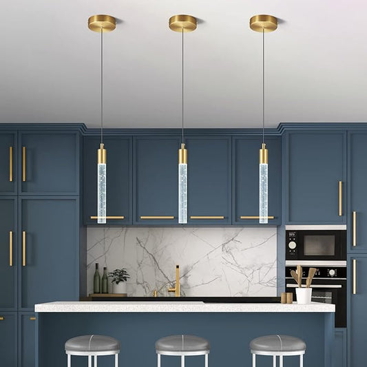 Modern Kitchen Island Pendant Light Dimmable LED Gold Brass Finish Mini Crystal Pendant Lighting Bedroom Bedside Table Small Pendant Lights（3-Pack）