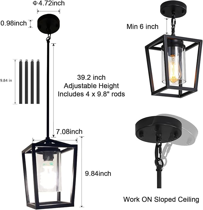 SGLfarmty 1-Light Black Pendant Lights Kitchen Island, Modern Farmhouse Cage Metal Adjustable Lantern Hanging Light Fixture with Glass Shade for Dining Room Entryway Hallway