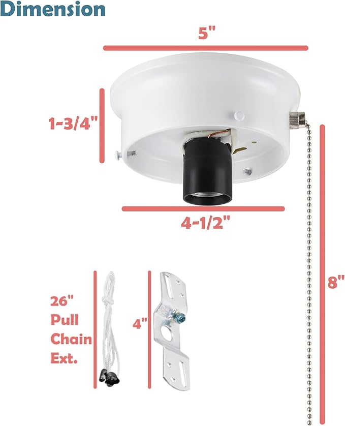 Aspen Creative 22104-03-1, Flush Mount Ceiling Fixture Shade Holder Kit with On/Off Pull Chain Switch in Matte White Finish 4-1/2" Fitter, 5" Diameter x 1-3/4" Height