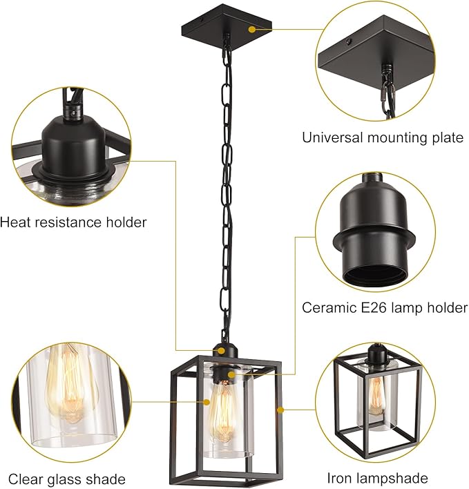 3 Pack Farmhouse Pendant Light,Black Metal Frame Hanging Light Fixture with Clear Glass Shade, Adjustable Chains Industrial Mini Pendant Lighting for Kitchen Island Entryway Porch Foyer