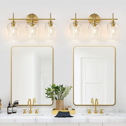 MOKATNG 3-Light Bathroom Light Fixtures, 19.5 Inch Brushed Gold Vanity Lights with Wine-Glass Shape, Bathroom Lights Over Mirror, Modern Wall Lamps for Bedroom Living Room Hallway