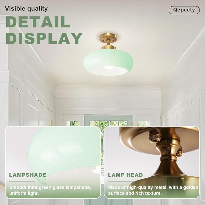 Mint Green Glass Semi Flush Mount Ceiling Light, 11.02" Mid Century Modern Gold Close to Ceiling Light Fixture, Vintage Ceiling Lamp for Bedroom Hallway Kitchen Entryway