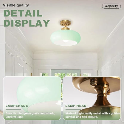 Mint Green Glass Semi Flush Mount Ceiling Light, 11.02" Mid Century Modern Gold Close to Ceiling Light Fixture, Vintage Ceiling Lamp for Bedroom Hallway Kitchen Entryway