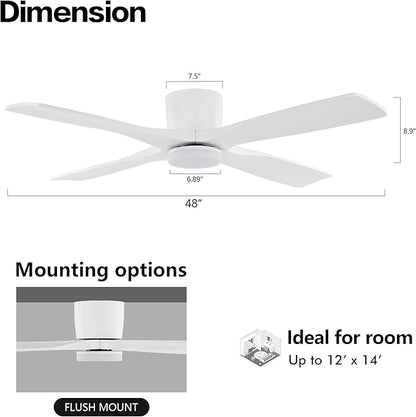 WINGBO 48 Inch Flush Mount DC Ceiling Fan with Lights and Remote, 4 Reversible Carved Wood Blades, 6-Speed Noiseless DC Motor, Hugger Ceiling Fan in White Finish, Low Profile Ceiling Fans, ETL Listed