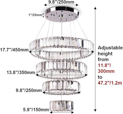 CLAIRDAI LED Crystal Chandeliers High Brightnes 4 Rings Adjustable Stainless Pendant Lighting Chandeliers for Bedroom Living Room Dining Room Dia 5.9-9.8"-13.8"-17.7" 6500K Cool White