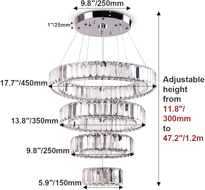 Modern Crystal Chandelier 4 Rings LED Pendant Light Adjustable High Chandeliers Ceiling Light for Bedroom Living Room Dining Room Warm White