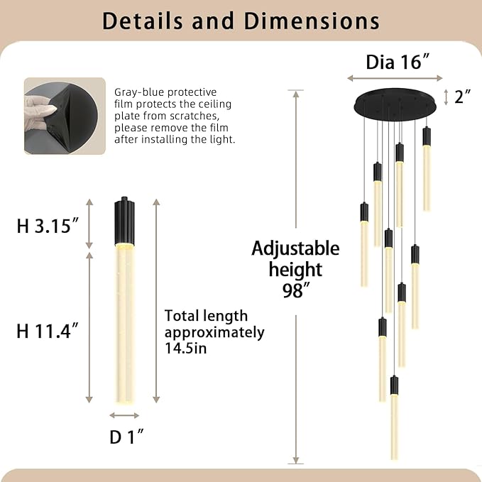 Modern 9-Light Crystal Chandelier – 98" High Ceiling Design Black Dimmable LED Pendant Light for Foyer Living Room Hallway Staircase