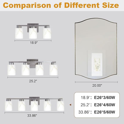 5-Light Bathroom Light Fixtures, Modern Vanity Lights, Brushed Nickel Metal Wall Lamp with White Marble Glass for Bathroom, Mirror, Living Room, Bedroom, Cabinet, Porch, Hallway, E26 Base