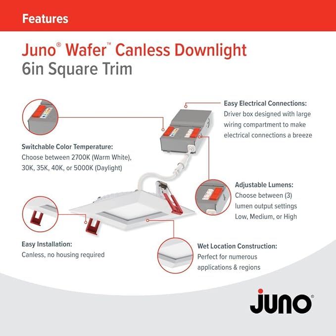 Juno LED Recessed Lights 6 Inch Square Wafer Downlight, 5-in-1 Switchable White Color Temperature, Adjustable Brightness, 120 Volts, 6-Inch Trim, 1 Pack, Matte White