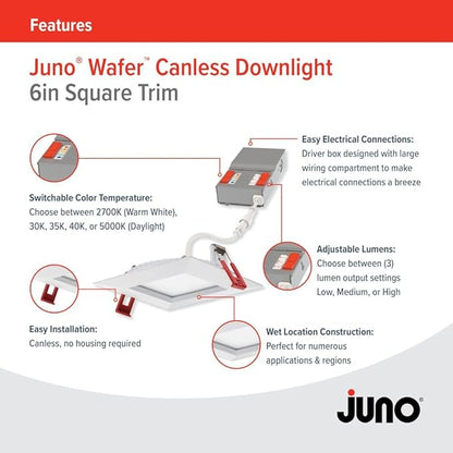 Juno LED Recessed Lights 6 Inch Square Wafer Downlight, 5-in-1 Switchable White Color Temperature, Adjustable Brightness, 120 Volts, 6-Inch Trim, 1 Pack, Matte White