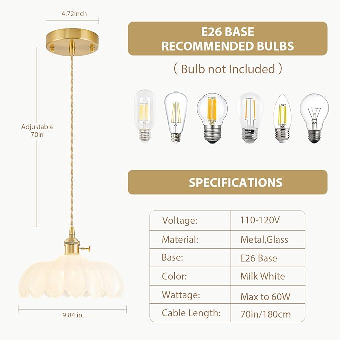 3 Pack Glass Pendant Lights Kitchen Island, Vintage Brass Pendant Light Fixtures, Adjustable Milk White Kitchen Pendant Lighting Over Island for Bedroom Living Room Hallway Dining Room