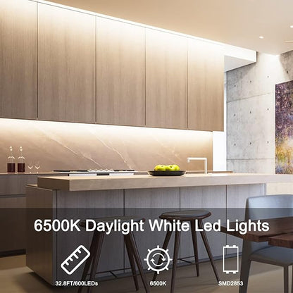 VOLIVO White LED Strip, 32.8ft Dimmable LED Strip 6500K Bright Daylight White, Strong Adhesive, Flexible Tape Light for Mirror, Kitchen Cabinets, Bedroom