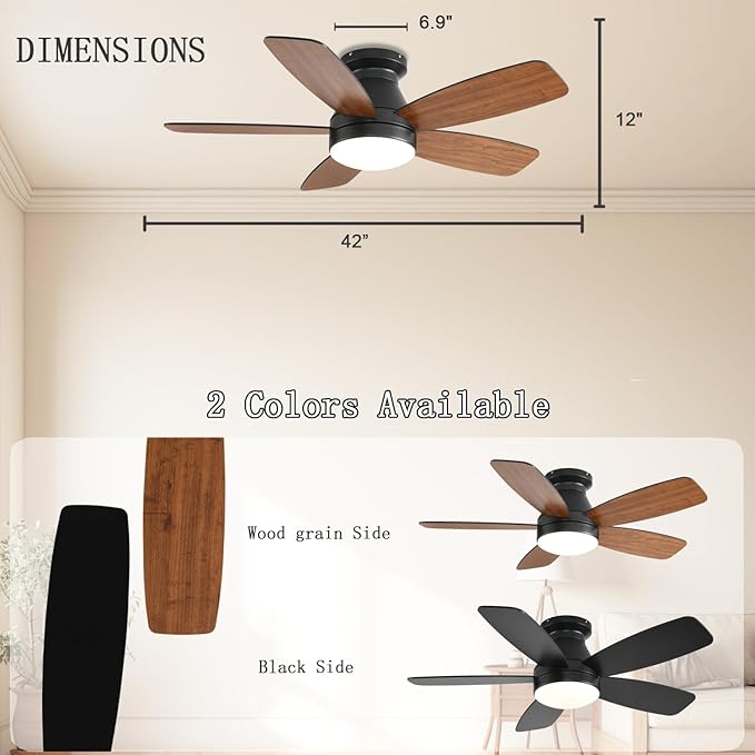 JSAITEE Ceiling Fans with Lights, 42 Inch Low Profile Ceiling Fan with Light and Remote/App Control, Flush Mount, Reversible, 3CCT, Dimmable, Noiseless, Brown Ceiling Fan for Indoor/Outdoor Use