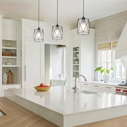 Over Sink Pendant Light with Frosted Glass Black Cage Industrial Hanging Lighting Adjustable Cord for Kitchen Island Dining Table