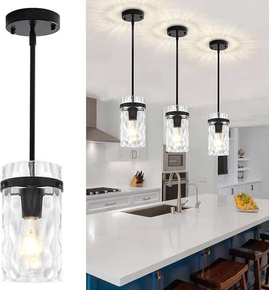 3 Pack Black Pendant Lights Kitchen Island, Modern Hammered Glass Kitchen Pendant Lighting Over Island Hanging Bathroom Light Fixtures Adjustable Pendant Light for Hallway Entryway Dining Room