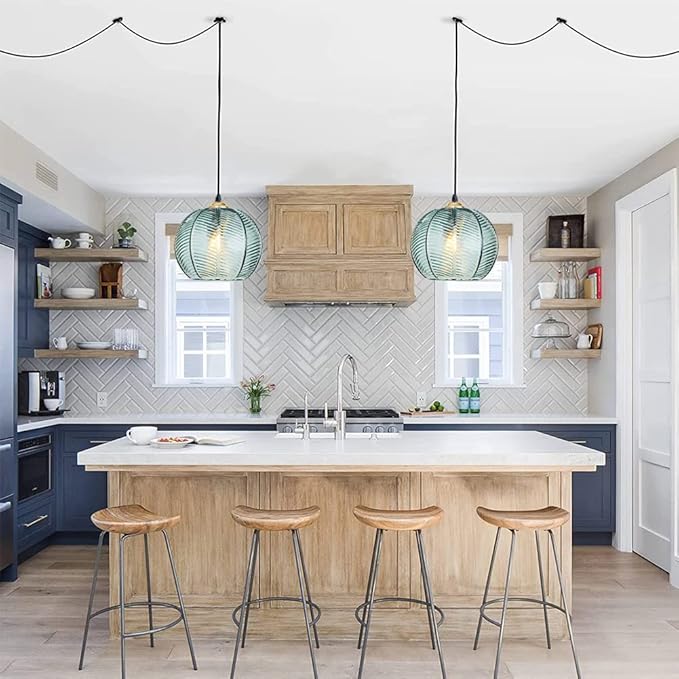 Plug in Glass Pendant Light Mid-Century Modern Striped Glass Hanging Ceiling Lighting Fixture with 14.7FT Cord, Globe Decor Chandelier for Living Room, Bedroom, Dining Hall, Kitchen (Green)