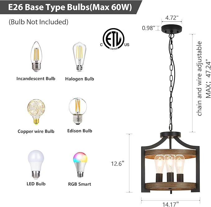 3-Light Farmhouse Chandelier, 14.17" Black Metal Faux Wood Pendant Light Fixtures, Hanging or Semi Flush Mount Rustic Chandelier for Dining Room, Foyer, Living Room, Kitchen