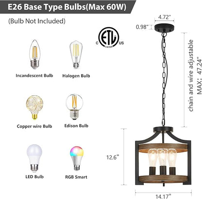 3-Light Farmhouse Chandelier, 14.17" Black Metal Faux Wood Pendant Light Fixtures, Hanging or Semi Flush Mount Rustic Chandelier for Dining Room, Foyer, Living Room, Kitchen