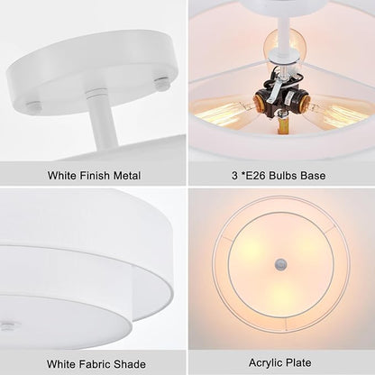 Modern Semi Flush Mount Ceiling Light, 18" Modern White 3-Lights Drum Ceiling Lighting Fixture, Vintage Linen White Ceiling Lamp for Laundry Room, Kitchen, Basement, Dining Room, Bedroom