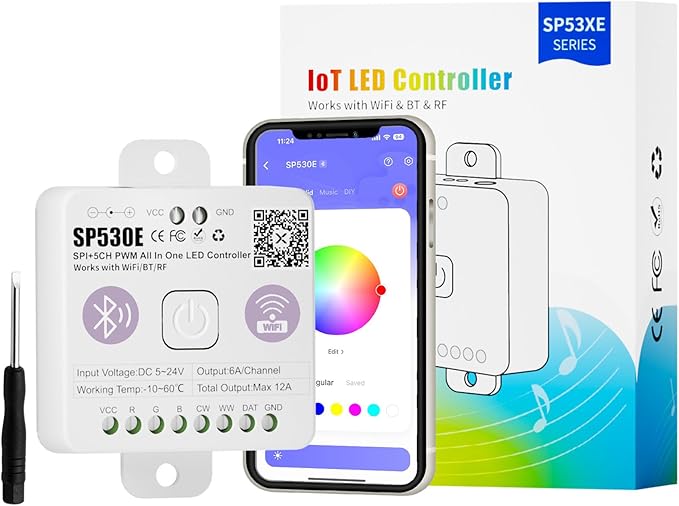 MIWISE LED Controller Smart LED Driver Dimmer WiFi+Bluetooth Dimmable 12-in-1 for PWM+SPI COB/SMD/5050 LED Strip Lights Single Color CCT RGB RGBW RGBCCT Tape Light DC5V 12V 24V,Work with Alexa/Google