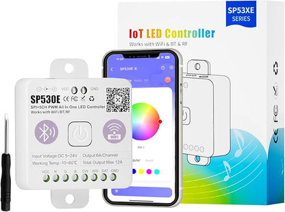 MIWISE LED Controller Smart LED Driver Dimmer WiFi+Bluetooth Dimmable 12-in-1 for PWM+SPI COB/SMD/5050 LED Strip Lights Single Color CCT RGB RGBW RGBCCT Tape Light DC5V 12V 24V,Work with Alexa/Google