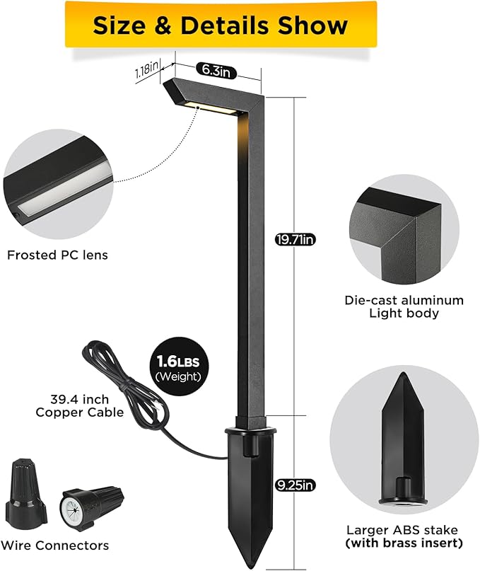 Gardencoin 3CCT LED Low Voltage Landscape Pathway Light, 12V Premium 3000K/4000K/5000K Selectable Path Lights Wired, Modern Walkway Lights Outdoor, Higher Housing with Larger Stake (19.71IN, 4pack)