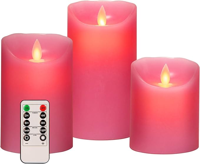 AKU TONPA 3" x 4" 5" 6" Set of 3 Flickering Flameless Candles Battery Operated Pillar Real Wax Electric LED Candle Set with Remote Control and Timer (Pink)