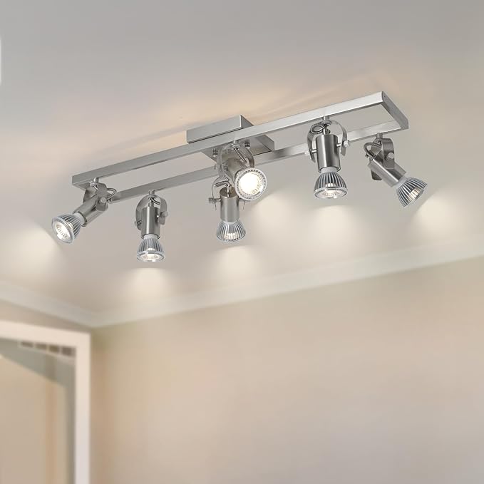 KEESFU 6-Light Nickel Track Lighting Fixtures Ceiling, Modern Silver LED Track Lighting with 6 Rotatable Heads, for Kitchen, Hallway, Living Room (Bulbs Not Included)